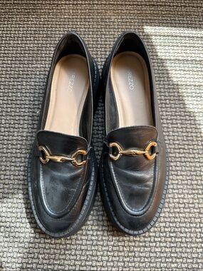 Arezzo Black Leather Loafers with Gold Horsebit
